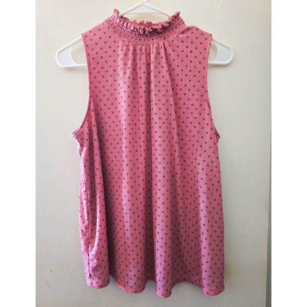 ​Apt. 9 Womens Large Dusty Pink Smocked Ruffle Mock Neck Sleeveless Polka Dot